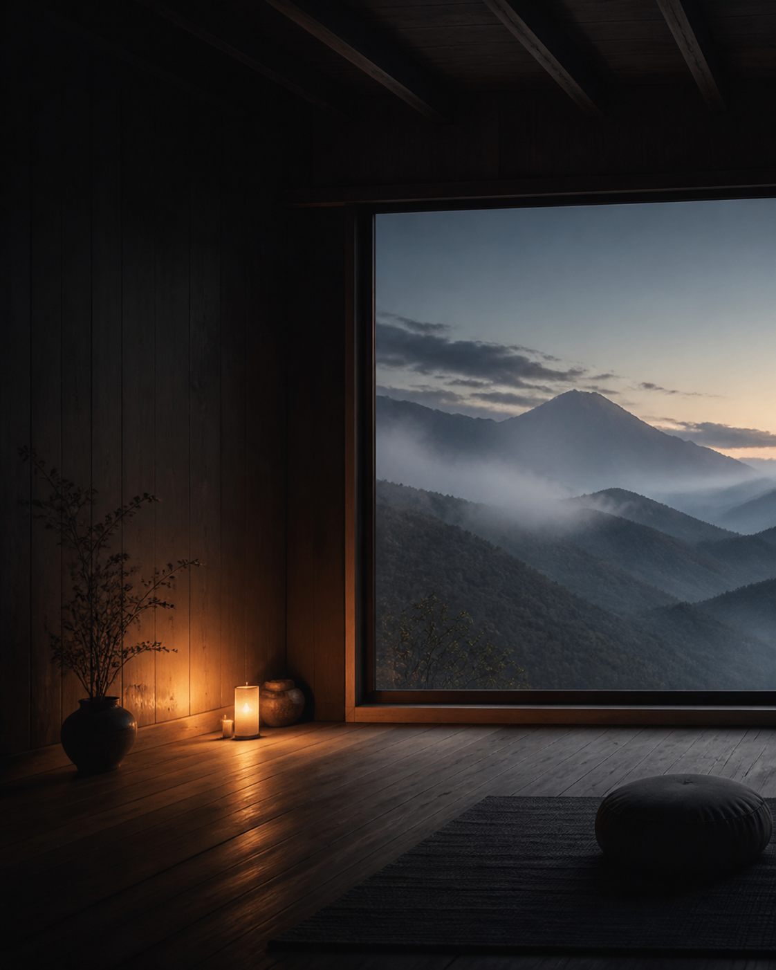A tranquil meditation space at dusk